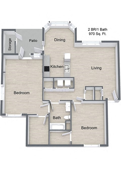 Floor plan for 2 beds, 1 bath, 970 sqft